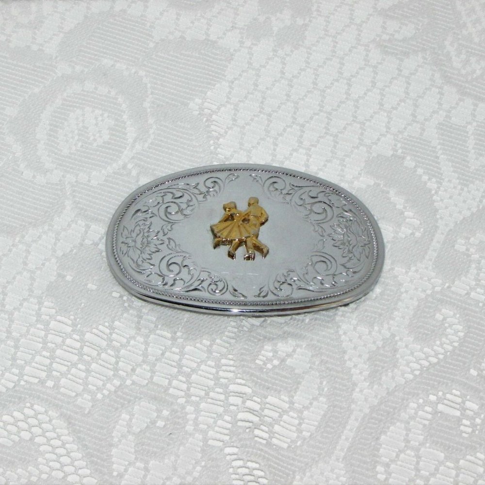 Belt Buckle Square Dancing Silver Tone Metal Gold Accents Western Cowboy Cowgirl
